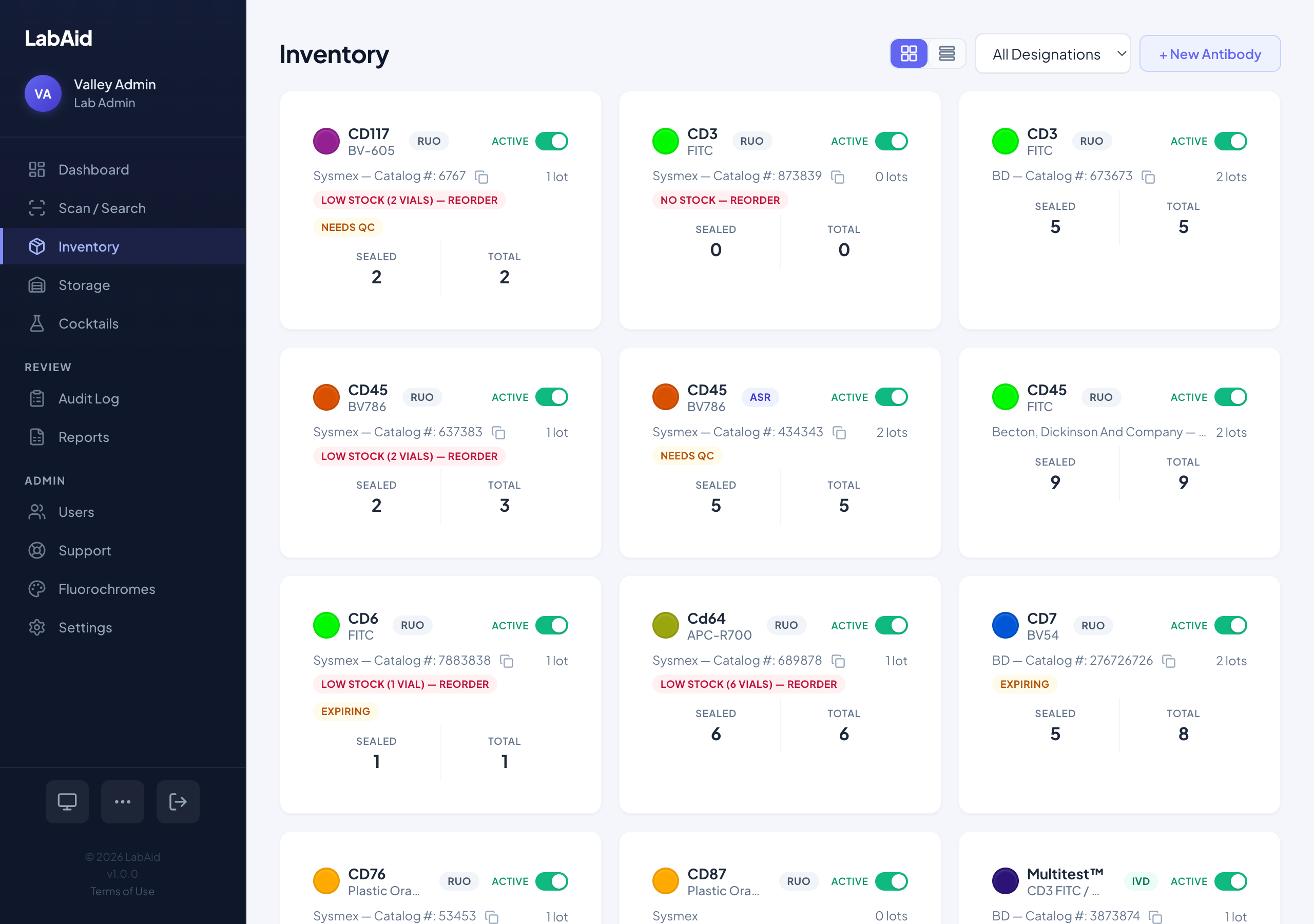LabAid inventory dashboard showing antibody cards with stock levels and status