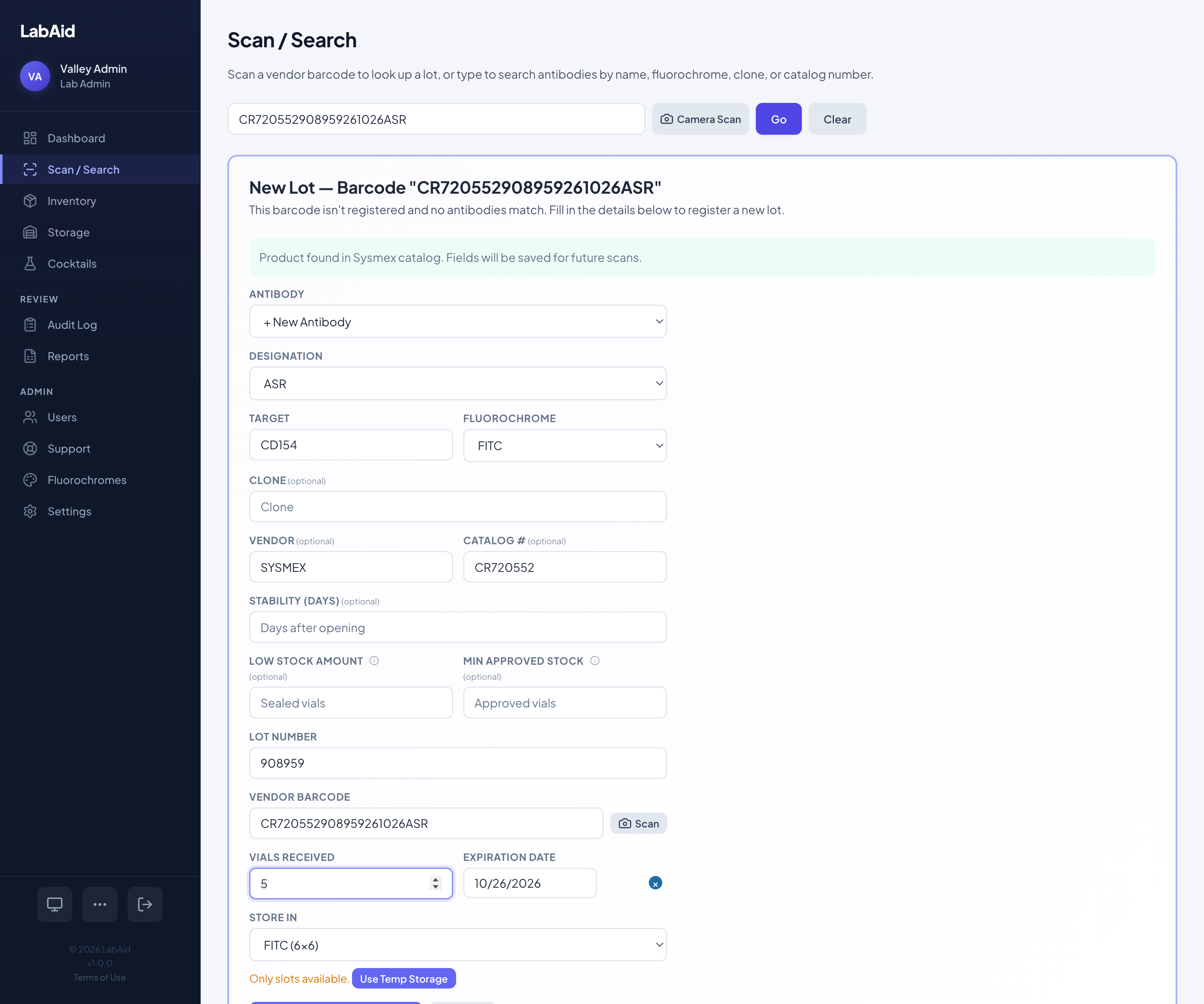 Barcode scan result showing lot details and storage location on a visual grid